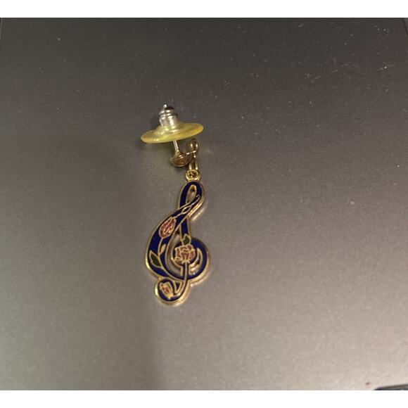 VTG Cloisonné Treble Clef Music Enamel Gold Tone Pierced Dangle Earrings Teacher - Picture 2 of 4